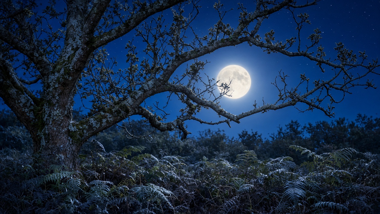 Night branches of an older garden tree against the moon.
